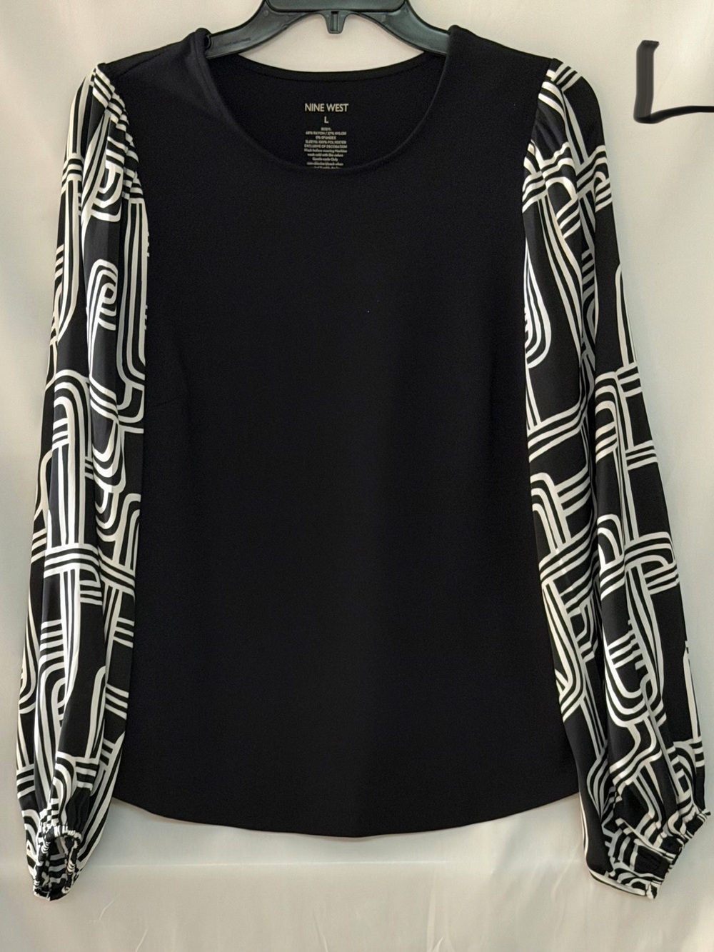 Nine West Black Blouse with Black & White Patterned Sleeves